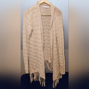 Carol Rose Beige Open-Front Knit Cardigan with Fringe